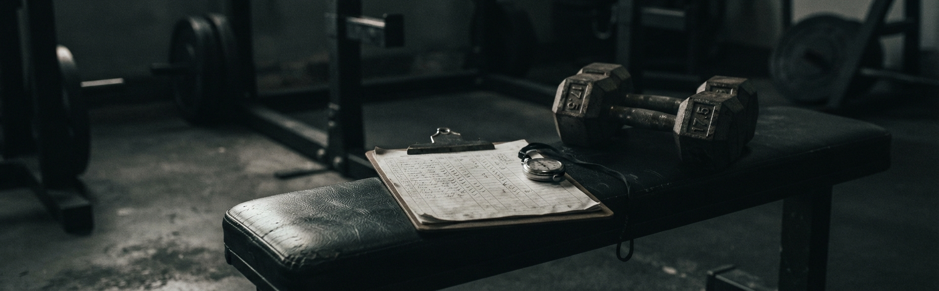 A coach's clipboard and stopwatch resting on a gym bench beside a pair of dumbbells