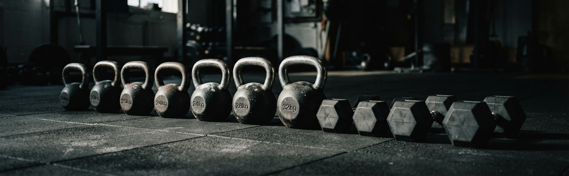 A row of kettlebells and dumbbells laid out on a gym floor ready for a circuit